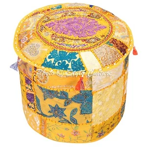 Ethnic Foot Stool Pouf Cover Patchwork Embroidered Round Ottoman Bohemian 22" - Picture 1 of 3