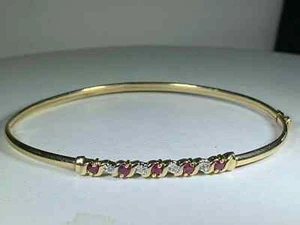 14K Yellow Gold Plated Round Cut Red Ruby & Diamonds Bangle Bracelet 2.65Ct - Picture 1 of 4