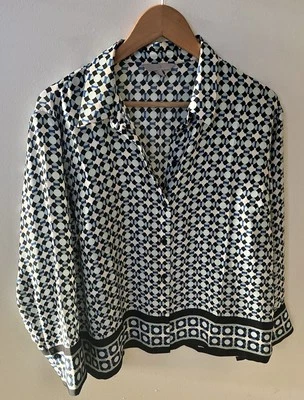 H&M Blue Black Boxy Geo Patterned Shirt Blouse Sz M 12 Collared - image 1 of 4