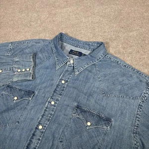 Polo Ralph Lauren Shirt Mens 3XB Pearl Snap Blue Denim Long Sleeve Western - Picture 1 of 9