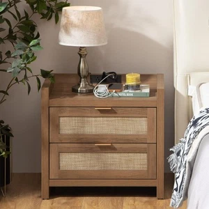 Rattan Nightstand End Table - Night Stand Bedside Table with Type-C Charging ... - Picture 1 of 9