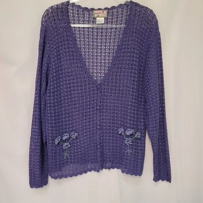 Cárdigan Suéter April Cornell Púrpura Tejido Abierto Crochet Botones Cuello en V Para Mujer L Foto 1 de 4