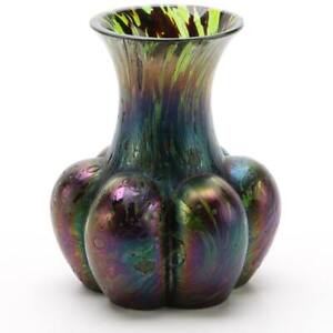 Rare Loetz Austria Iridescent Melon Pattern Art Glass Vase, Signed