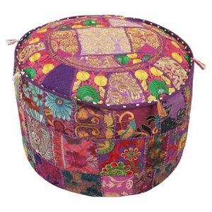 Indian Round Pouf Vintage Ottoman Patchwork Footstool Embroidered Pouffe Cover - Picture 1 of 4