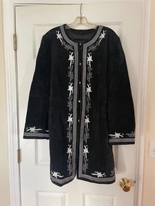 Bernardo Black Suede White Embroidered Floral Trench Coat Jacket Women, XL - Picture 1 of 6