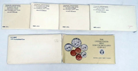 Vintage Lot 6 U.S. Mint Uncirculated Coin Sets 1965 SS,1969 UC,1971,1979,1990 DP Cover