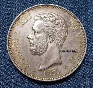 BELLA Moneda de 5 pesetas Plata Amadeo I año 1871*18 71. Peso 24,92 gr. En EBC+. - Foto 1 di 6