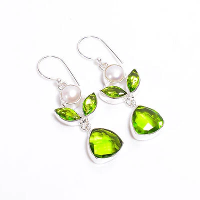 Peridot Biwa Pearl Gemstone Fashion Jewelry 925 Silver Dangle Earrings 2" ARE397 - Image 1 of 3
