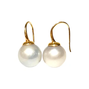 Stunning 12mm Indonesian South Sea Silver White Round Pearl Dangle Earrings - Picture 1 of 9