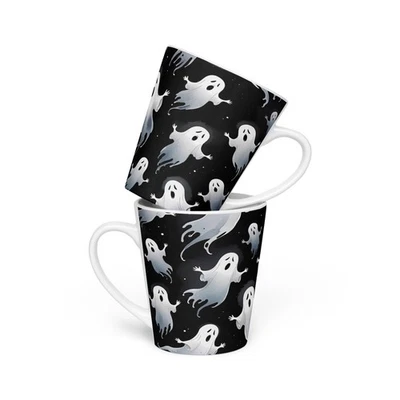 Taza de café con leche taza de té 12 oz Halloween impresión fantasma cerámica negra temporada espeluznante Foto 1 de 4