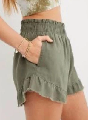 Aerie High Waisted Ruffle Short Olive Green Sz M Pockets Flirty Linen Blend - Image 1 of 4