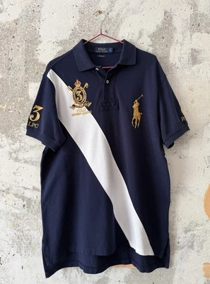 90-е ВИНТАЖНОЕ ПОЛО RALPH LAUREN В ПОЛОСКУ БОЛЬШОЙ ЛОГОТИП ПОНИ СИНЯЯ ФУТБОЛКА РАЗМЕР L Y2K  - Изображение 1 из 4