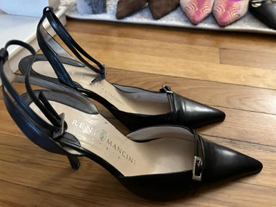 RENE MANCINI PARIS CUERO NEGRO PUNTA TACONES Correa Tobillo ZAPATOS TALLA 37.5 Foto 1 de 4