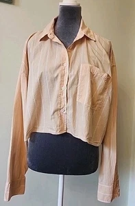 American Eagle Womens Striped Crop Button-Up Shirt Large Peach & White Beach - Bild 1 von 7
