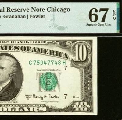 1950E $10 Federal Reserve Note PMG 67EPQ superb gem Chicago Fr 2015-G - Image 1 of 3