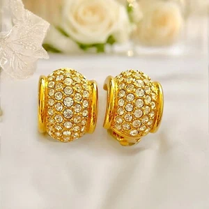 Vintage Swarovski Gold Tone Sparkling Pave Crystal Earrings Half Hoop Clip - Picture 1 of 9