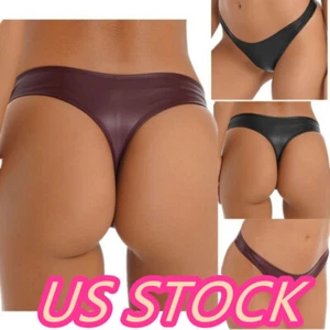 ^Women PU Leather Underwear Low Rise High Cut Thong Triangle Briefs Swimwear - Picture 1 of 32