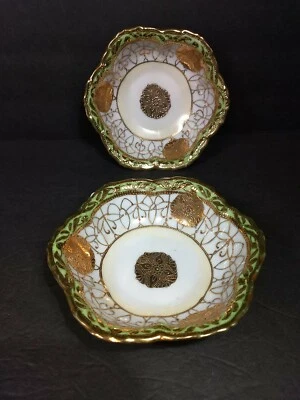 Antique M. Furuya Co. From Yokohama Japan Cream, Green And Gold Gilt Bowls - Image 1 of 4