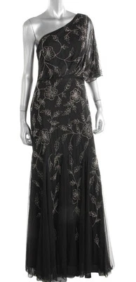 Adrianna Papell ~ Negro Malla Plata Floral Cuentas Blusa Vestido Formal 8 NUEVO $329 Foto 1 de 4