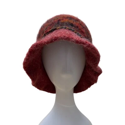 Sombrero cubo de lana rojo hecho a mano vintage años 40 50 banda multicolor - botón y borla Foto 1 de 4
