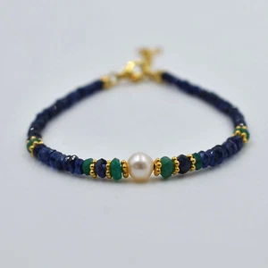 Natural Blue Sapphire + Emerald Bracelet Pearl 925 Silver Charm Bracelet 8" - Picture 1 of 7