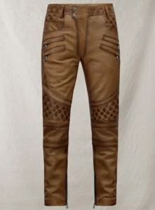 Mens Biker Jeans Real Brown Cow Leather Sleek And Sexy 501 Style Pants - Picture 1 of 7