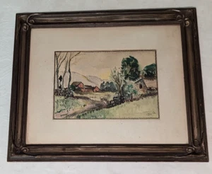 Sweet Vtg Farm Scene Rural Landscape Folk Art Framed Watercolor Painting ' To G' - Picture 1 of 12