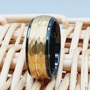 Men's Unique Wedding Ring Black Tungsten Engagement Ring Hammered Wedding Band - Picture 1 of 11