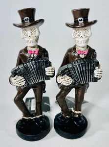 (2) Accordion Skull Figurine Day Of The Dead Tabletop Halloween Decor (Pair) - Picture 1 of 2