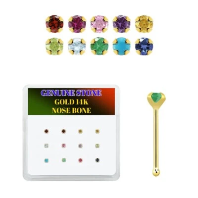 12PCS 14K Solid Gold 22G Prong Set Top 2mm Precious Gems 6mm Nose Bone Ring Stud - Image 1 of 4
