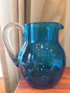 Pilgrim Art Glass Blue Optic Ribbed Pitcher Jug Applied Handle 7-1/2"t Vintage - Picture 1 of 12