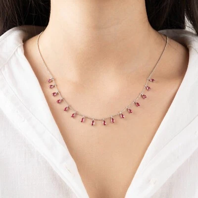 925 Silver Teardrop Lab-Created Ruby Station Necklace, Gemstone Station Necklace - Image 1 of 2