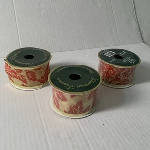 Set of 3 Christmas Ribbon Glitter Red & Gold Poincetta On Burlap 2”Wx9”L - Picture 1 of 7