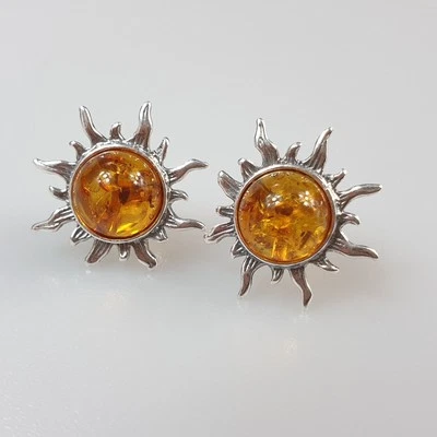 Orecchini sole gioielli in argento 925 ambra marrone spina per bambina donna - Immagine 1 di 4