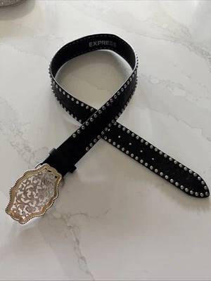 Express Tooled Leather Belt Medium Studded Gold Filigree Buckle - Image 1 of 4