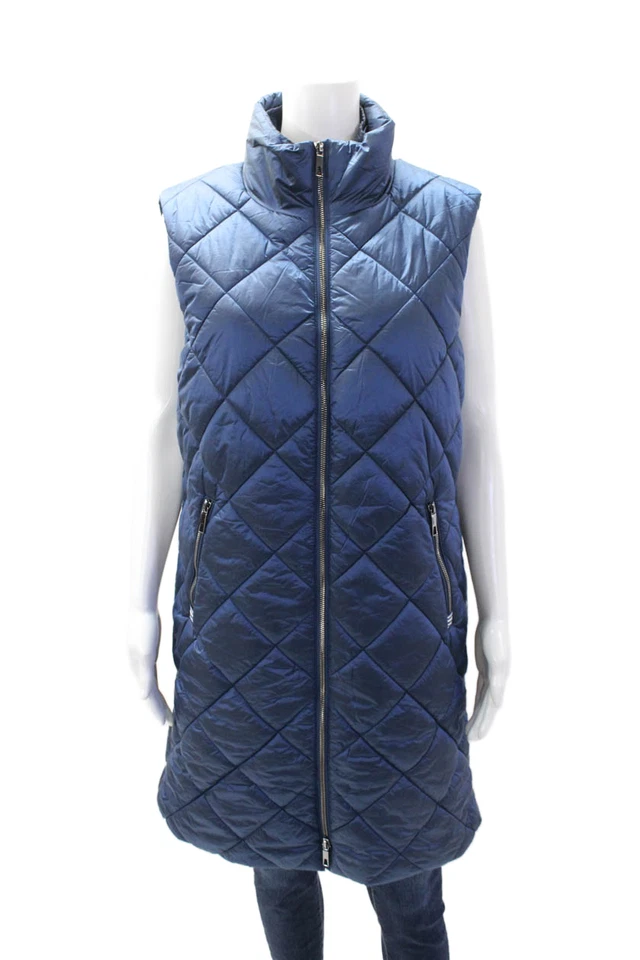Renuar Womens Textured Sleeveless Full Zip Collar Long Puffer Jacket Blue Size M - Image 1 of 4
