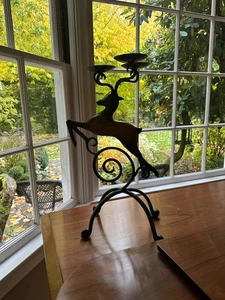 PIER 1 CANDELABRA  Leaping Stag/Reindeer FORGED IRON/WOOD 20 inches CHRISTMAS - Picture 1 of 4