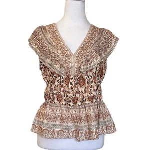NWT Rachel Zoe Women’s Top Beige Brown Floral Ruffle Pleated Rushed Size S - Picture 1 of 11