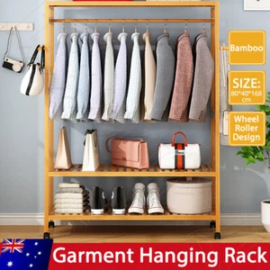 Heavy Duty Wooden Clothes Rail Rack Garment Stand Corner Open Wardrobe w/ Wheels - Picture 1 of 12