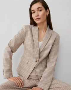 NUEVO BLAZER ANN TAYLOR $198 BEIGE LILA CUADROS CORTO UN BOTÓN TALLA 6 - Imagen 1 de 3