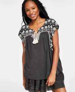 Lucky Brand Womens Raven Black White Embroidered Peasant Blouse Top Size M