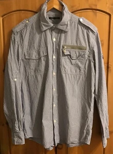 MENS L FULL CIRCLE LONG SLEEVE MILITARY STYLE SHIRT BLUE/WHITE STRIPE EPAULETTES - Picture 1 of 13