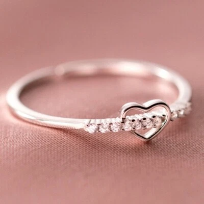 Women Girls 925 Sterling Silver Crystal Heart Adjustable Ring Jewellery Gift UK - Image 1 of 4