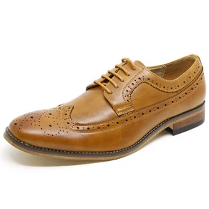 Tan Brown Men's Wing Tip Lace Up Oxford Formal Classic Dress Shoes - Picture 1 of 4