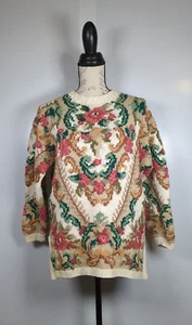 Vintage Crystal Kobe Damen kleiner Grobstrick Blumen Strickpullover - Bild 1 von 13