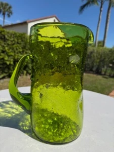 Blenko Glass Hand Made Crackle #6714 Olive Green Pitcher Joel Myers 10" 1967 - Picture 1 of 23