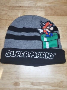 Nintendo Super Mario Grau Schwarz Strick Kinder Jungen Beanie Mütze One Size - Bild 1 von 5