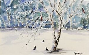 ACEO ATC Art Card Painting Print Signed Acrylic “Winters Feast” Birds Ice Snow