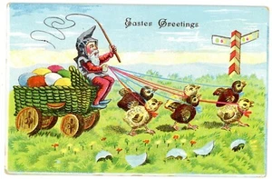 Easter Greetings - GNOME ON CHICK DRAWN EGG WAGON - Embossed Postcard Germany - Picture 1 of 2