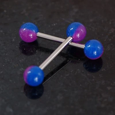 Pair Purple/Blue Stripe Glow In Dark Balls Nipple Rings 14g 3/4" Surgical Steel - Image 1 of 3